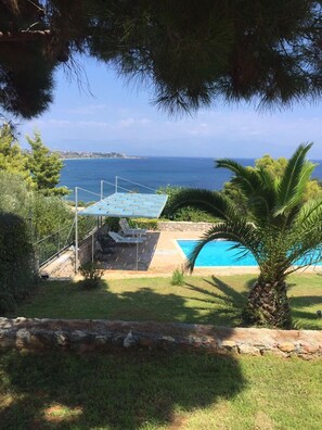 A pool area with a view of the sea, surrounded by greenery and a palm tree. - Akritas (Pylos-Nestoras)