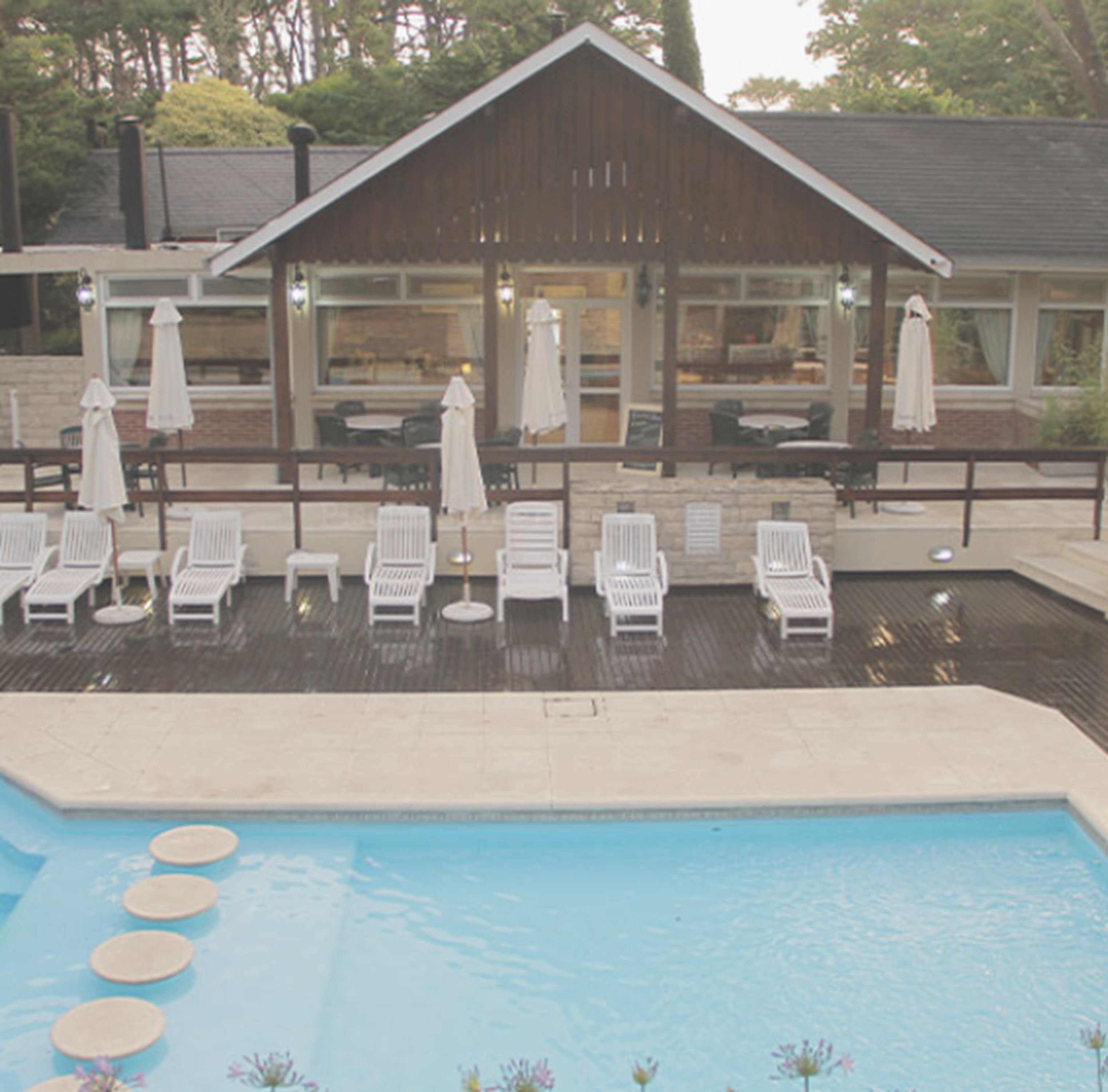 A swimming pool with lounge chairs and umbrellas, a covered seating area, and a building with large windows.