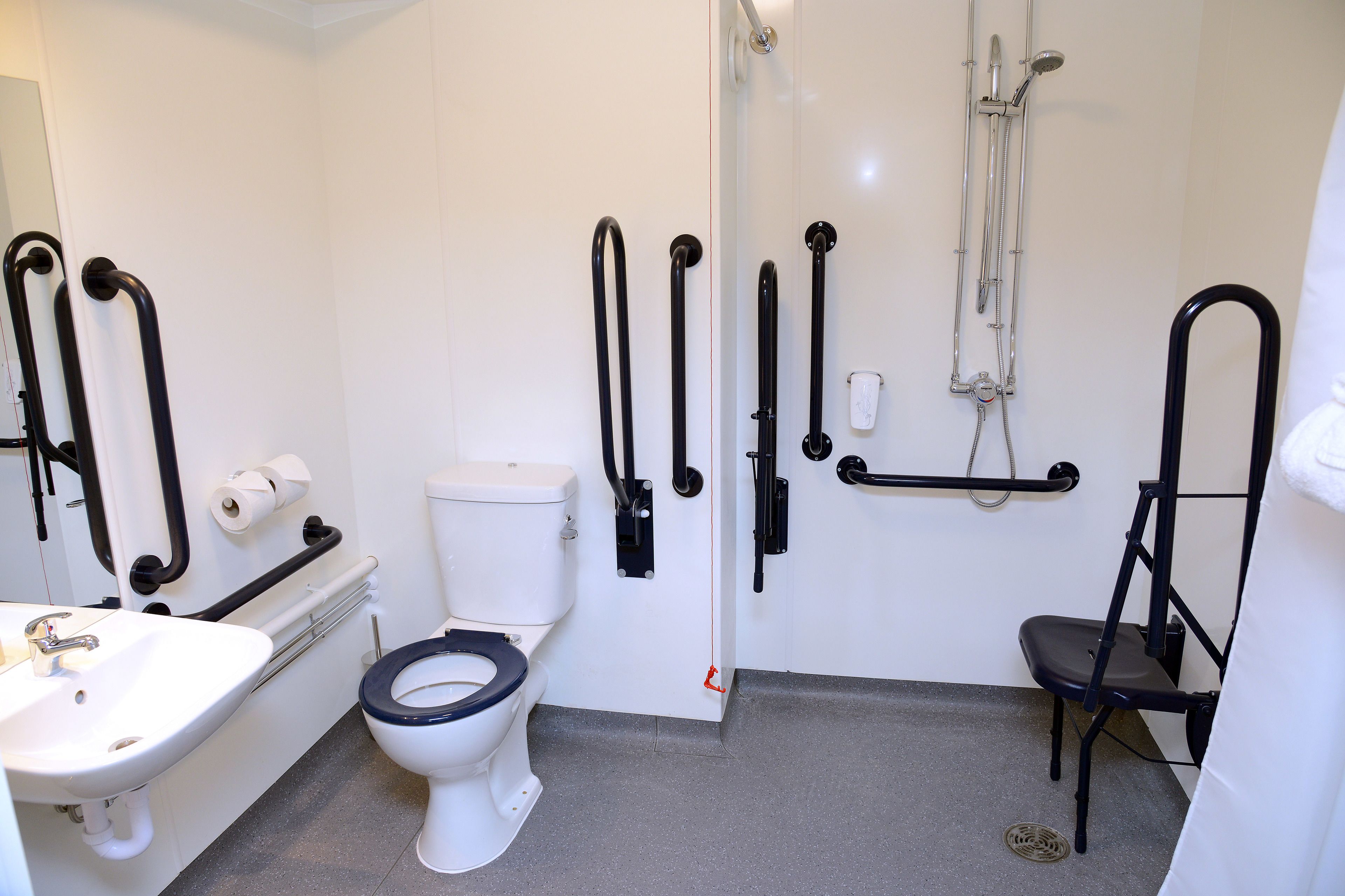 Een badkamer met toilet, wastafel en douche.