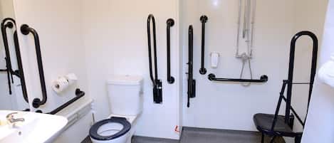 A bathroom with a toilet, sink, and shower.