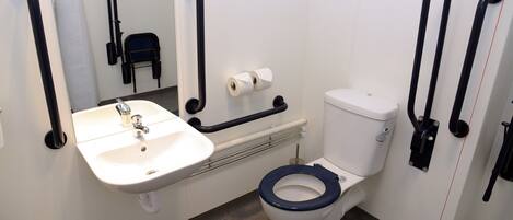 A bathroom with a white sink, a toilet, and grab bars.