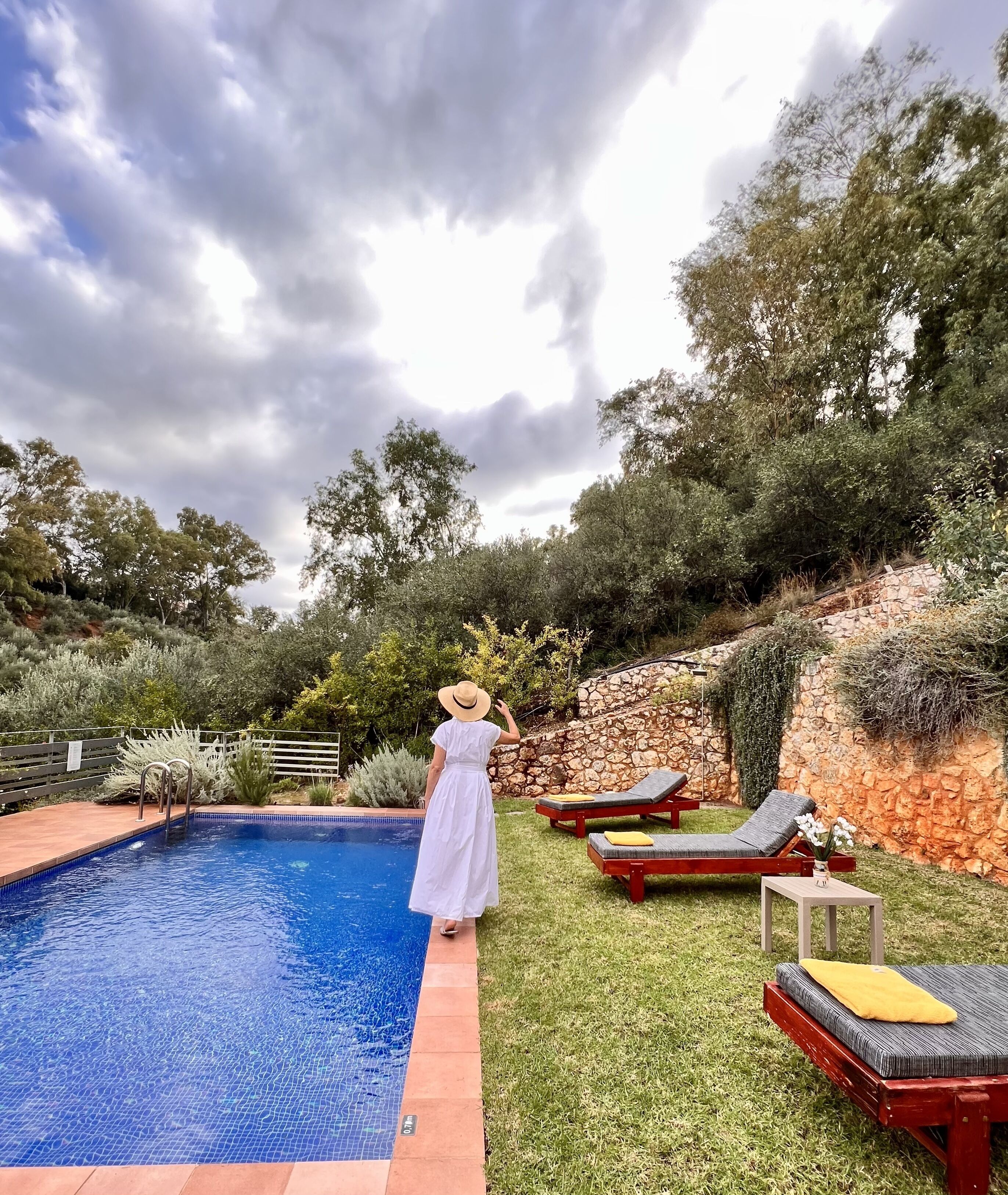 Una piscina amb una terrassa de fusta, envoltada d'herba i arbres.