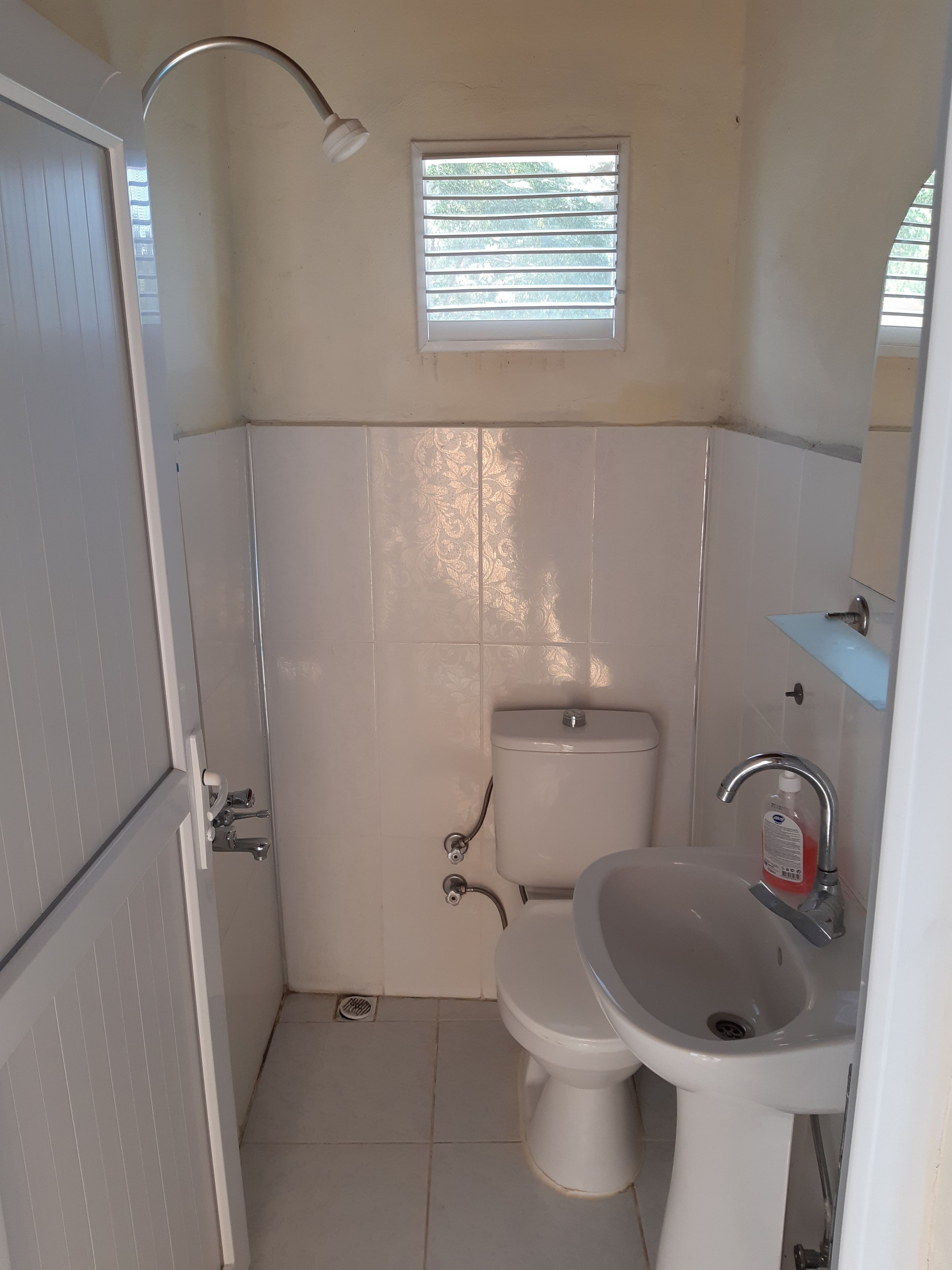 Un baño pequeño y limpio con inodoro, lavabo y ducha.