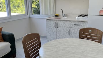 Full-sized fridge, cookware/dishes/utensils