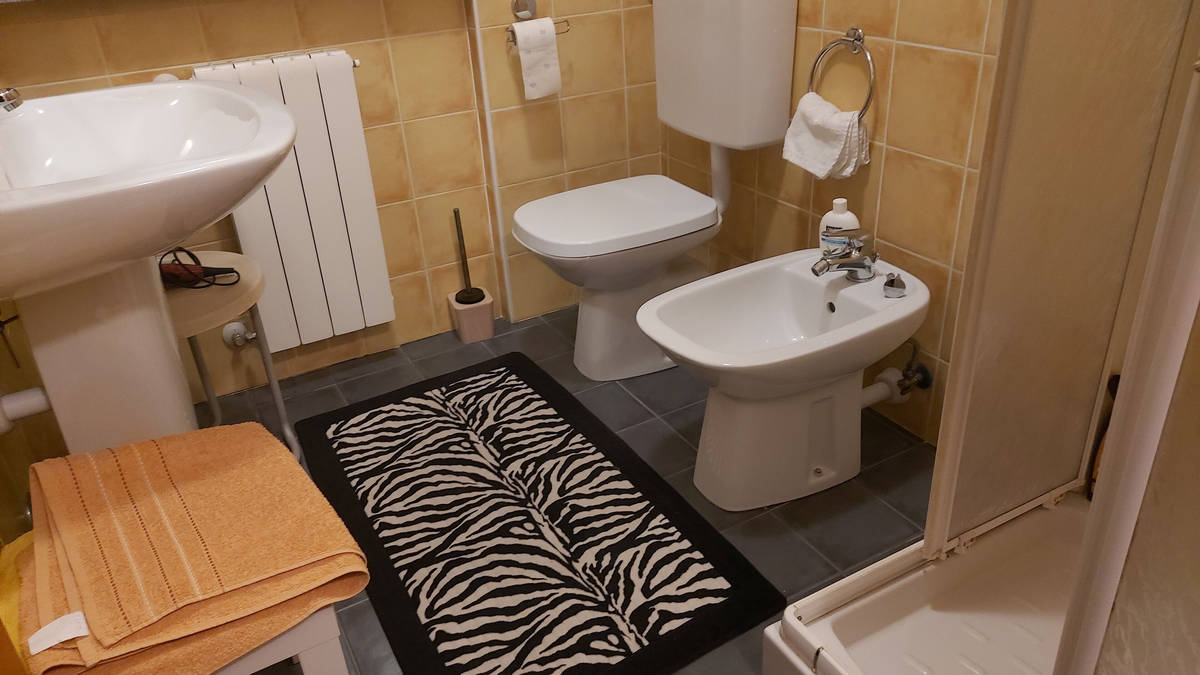 Un bagno con lavandino, WC, bidet e un tappeto a motivi zebrati.
