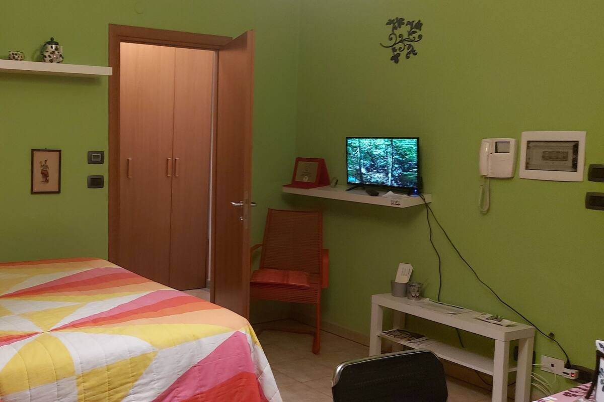 Un dormitorio con una cama, una silla, un escritorio, un televisor y un armario.