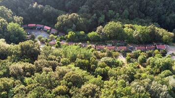 An aerial view of a resort with a curved layout of buildings surrounded by dense forest.