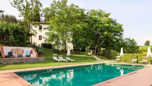 Una piscina rectangular con borde de azulejos, rodeada por un césped con varias tumbonas y sombrillas.