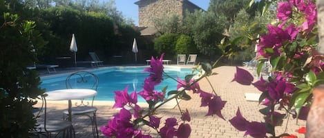 Seasonal outdoor pool, pool umbrellas
