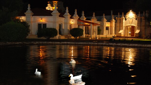 A white building with a bell tower, surrounded by water and swans. - Hotel Savoia Mendoza (Guaymallen)