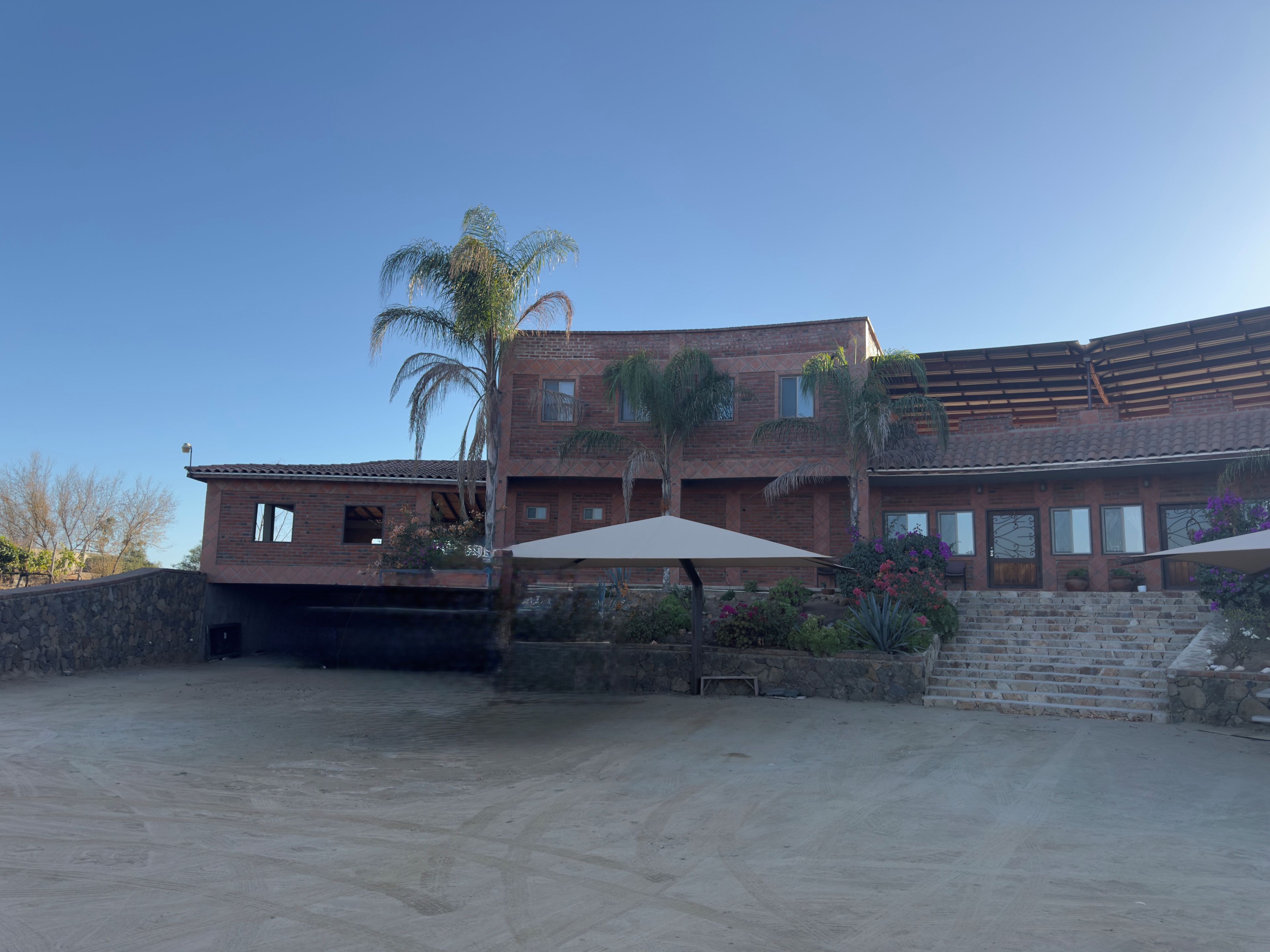 Un edificio de dos pisos con fachada de ladrillo, una palmera y una escalera que lleva al nivel superior.