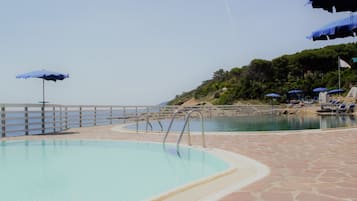 Una piscina al aire libre de temporada, sombrillas