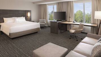 Habitación de hotel con una cama grande, un escritorio con televisor, una silla, un sofá y vistas a árboles por la ventana.
