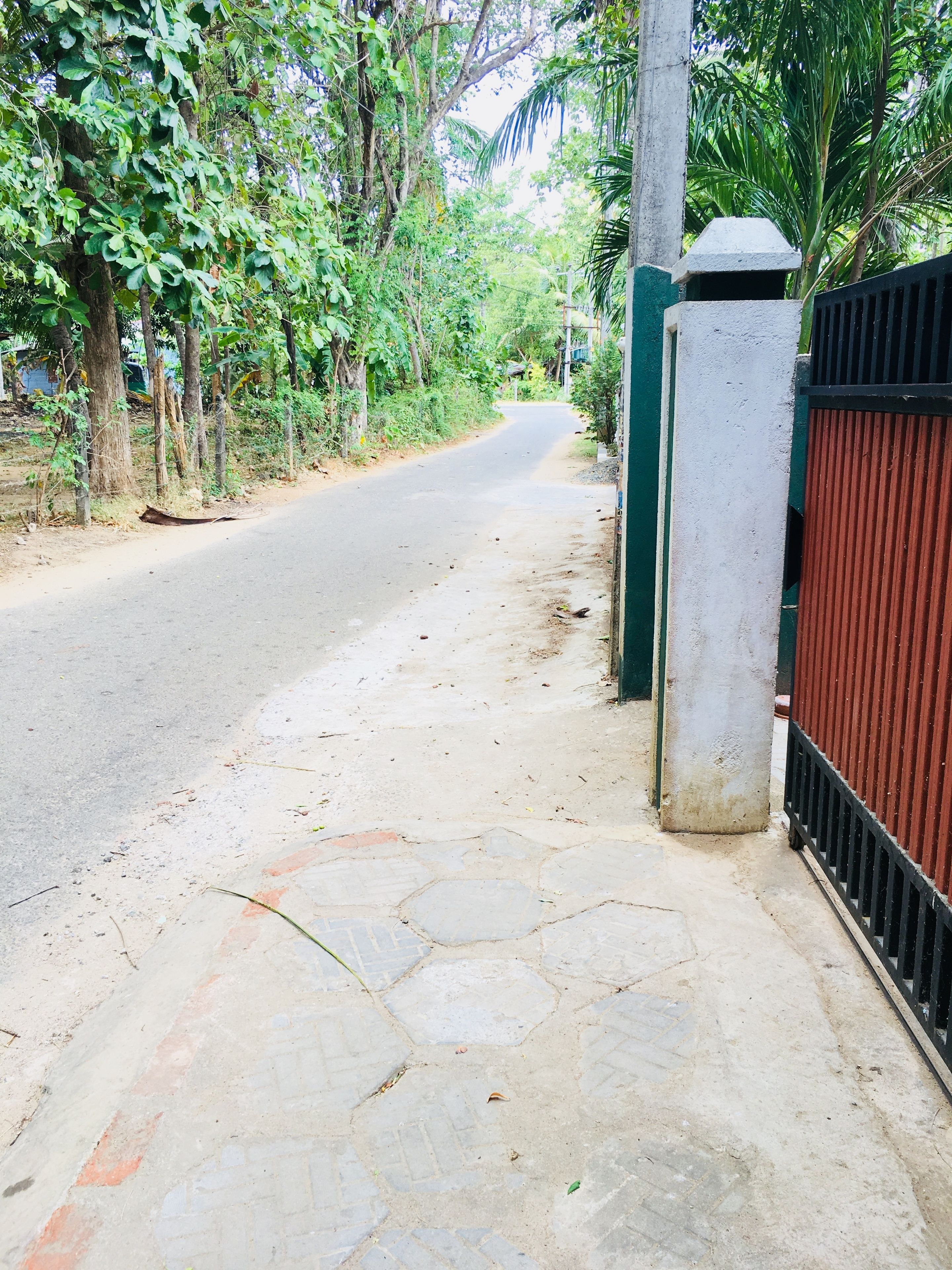 A paved pathway leading to a gated entrance with a metal fence and a concrete pillar.