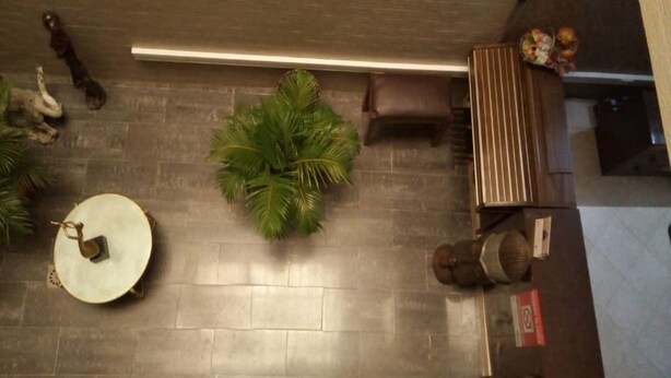 A top-down view of a room with a long wooden bench, a small round table with a decorative item, and a potted plant.