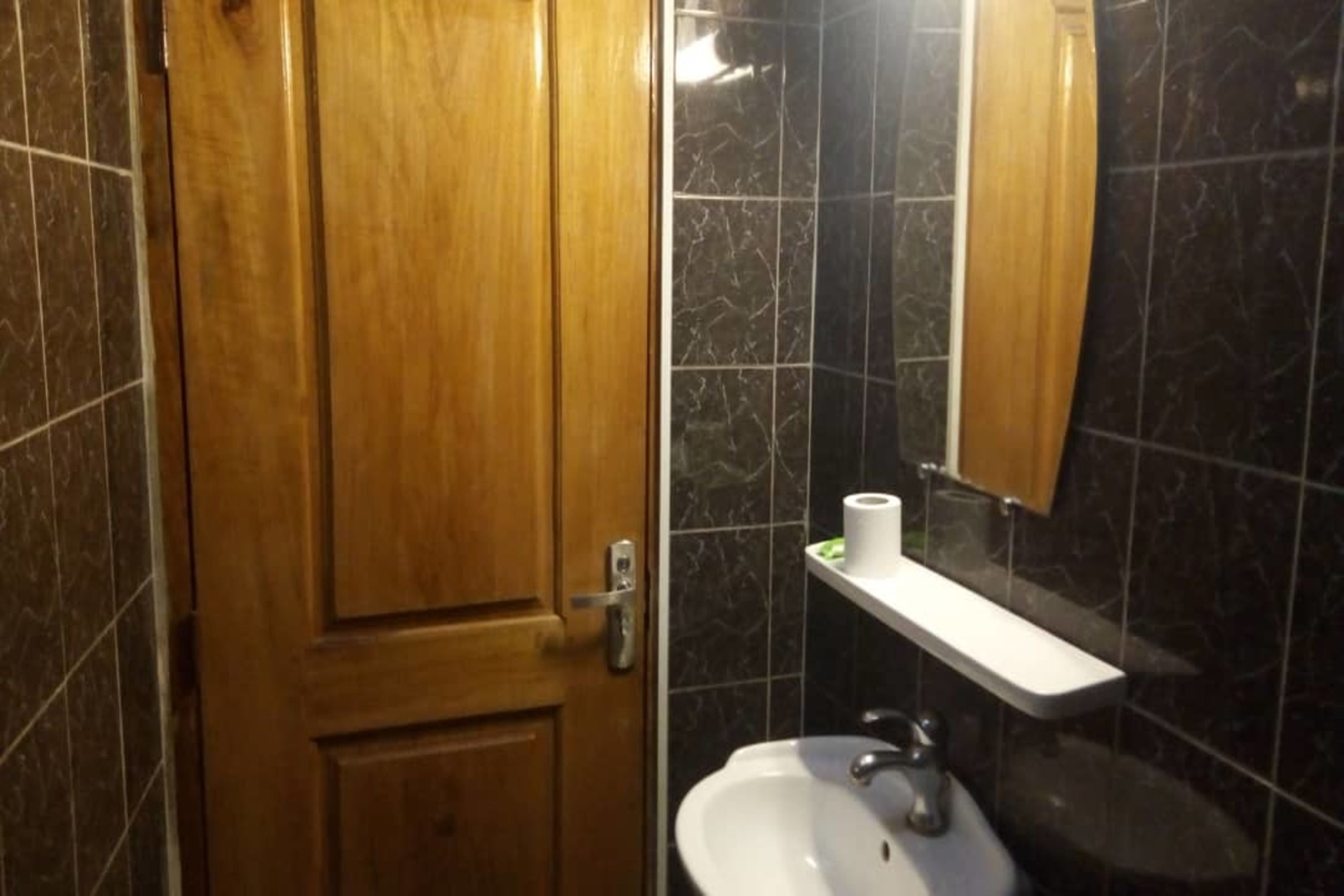 A bathroom with a wooden door, a white sink, a mirror, and a toilet paper holder on a shelf.
