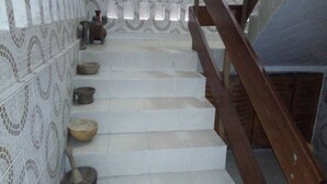 A staircase with white steps and a wooden handrail.