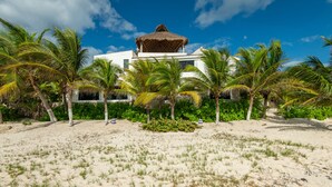 A beach with palm trees and a building with a thatched roof.