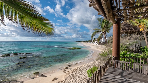 A beach with clear turquoise water, a wooden walkway, and palm trees.