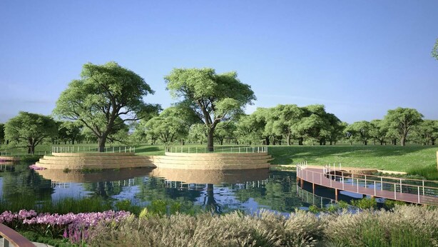 A serene park with a pond, two raised platforms with trees, a wooden bridge, and a grassy area. - Uptown Downtown Office, Fenced Yard, Pools, Walk to Parks, Near Major Employers (Austin)