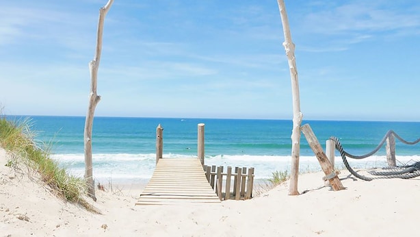 Una pasarela de madera que lleva a la playa, con barreras de cuerda y ramas de madera a la orilla.