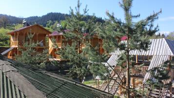 A wooden cabin complex with multiple levels and a metal roof, surrounded by pine trees and a mountainous backdrop.