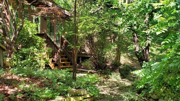 Ein Steinpfad führt durch einen üppigen Garten mit einer Holztreppe und einem rustikalen Gebäude.
