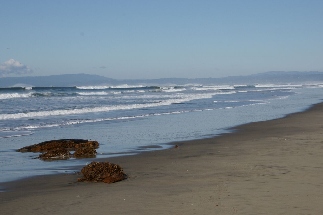 A beach with waves and distant mountains.