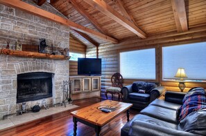 Flatscreentelevisie, een open haard en een dvd-speler