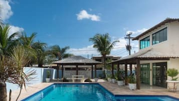 Outdoor pool, pool umbrellas, pool loungers