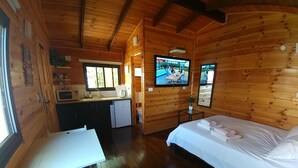 A wooden cabin with a kitchenette, a bed, a TV, and a window. - Assaf's Cabin (Mateh Asher)