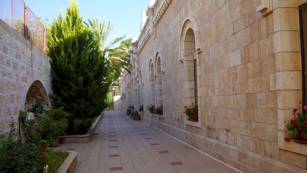 A stone corridor with arched windows and potted plants. - St. Vincent Guest House - Bethlehem (Bethlehem)