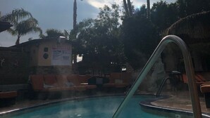 En swimmingpool med liggestole og palmer i baggrunden.