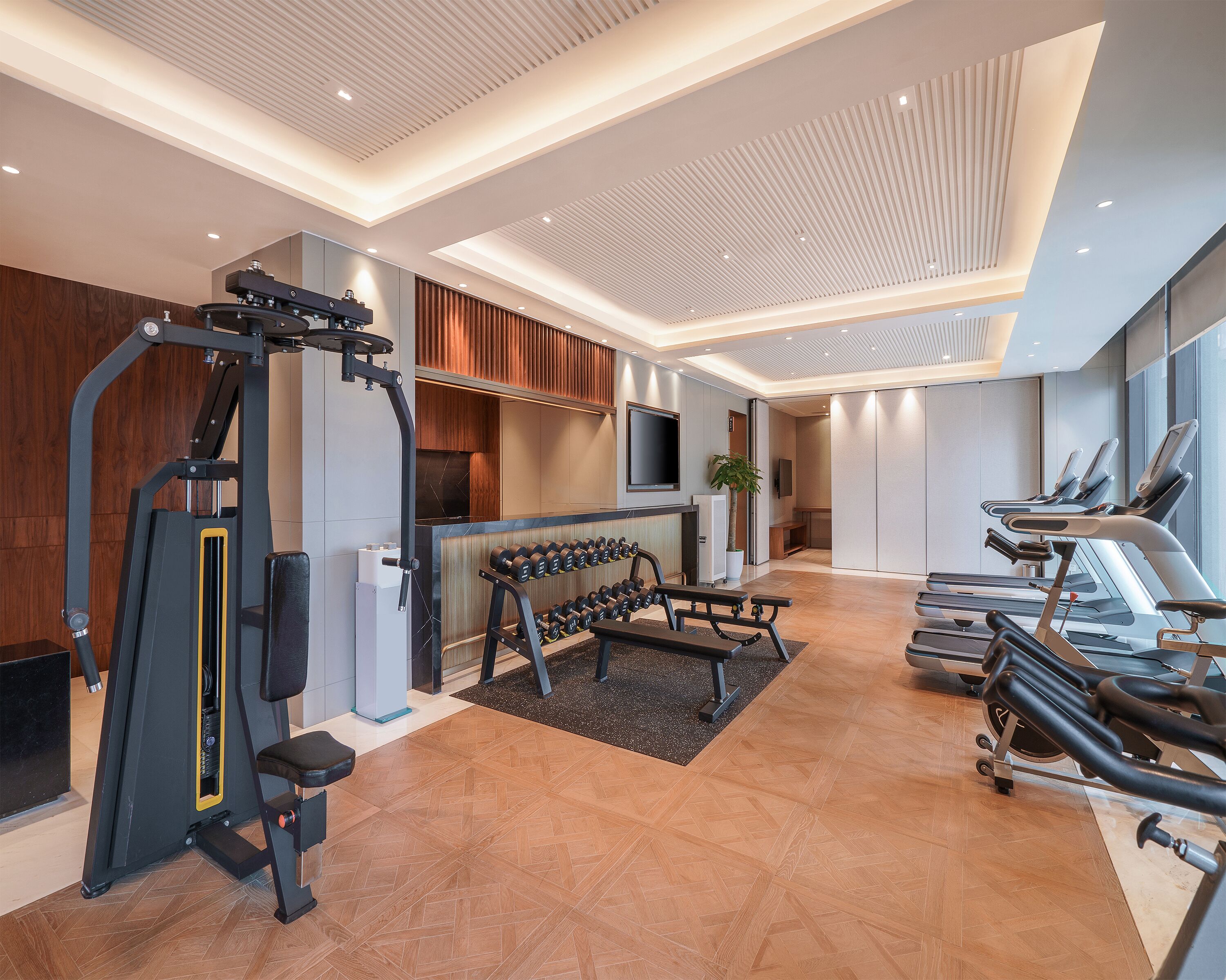 Une salle de sport moderne équipée de matériel d’exercice, d’un téléviseur et d’un espace détente agrémenté d’une plante.