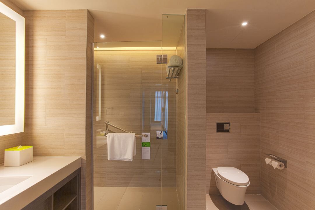 A modern bathroom with a glass-enclosed shower, a toilet, and a sink.