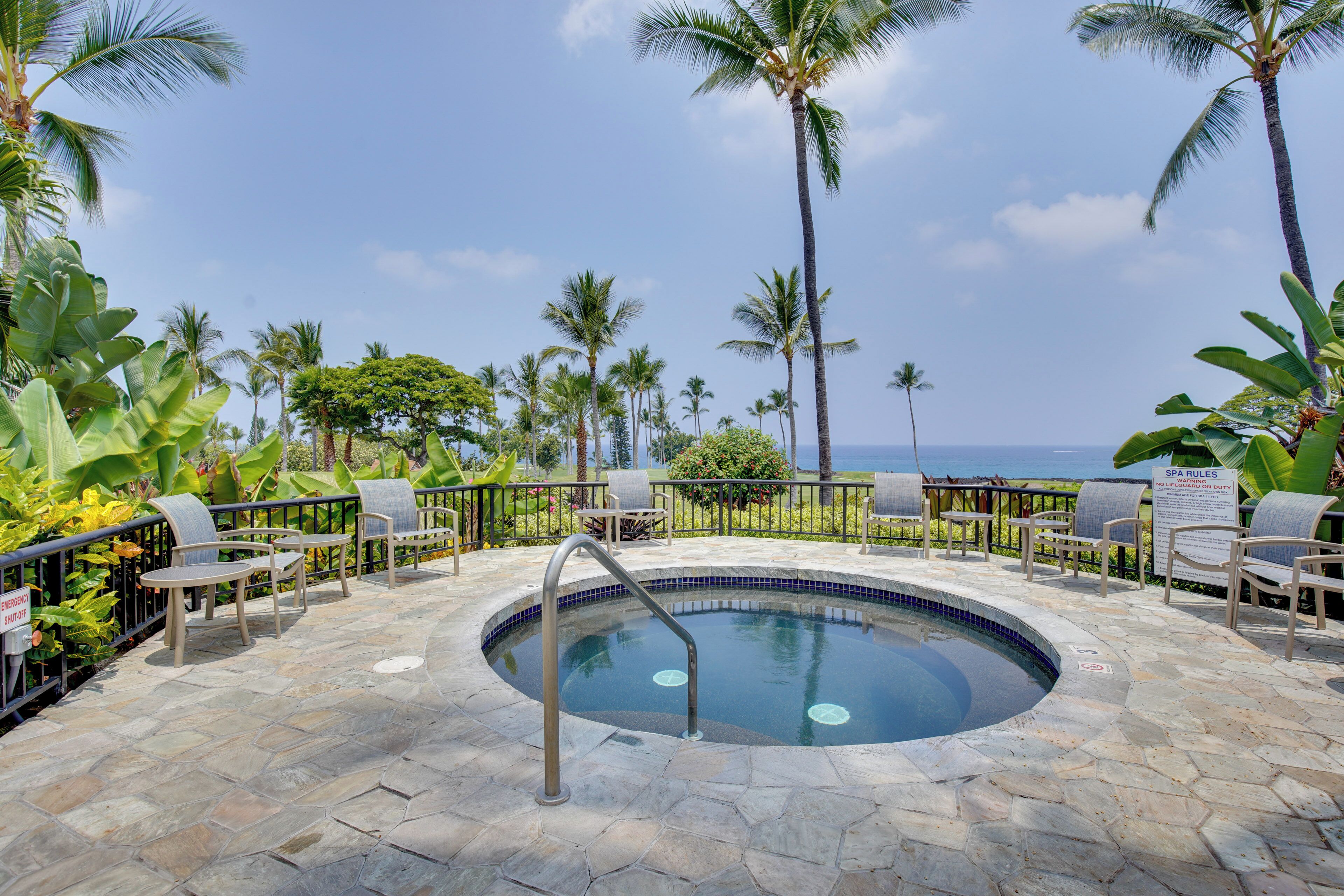 A pool area with a view of the ocean, surrounded by palm trees and lounge chairs.