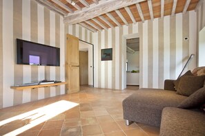 Televisión, chimenea, reproductor de DVD y estéreo 