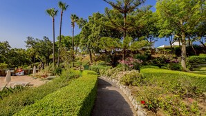 Ein Weg durch einen angelegten Garten mit verschiedenen Bäumen und Sträuchern, der zu einem Gebäude mit weißer Fassade führt.