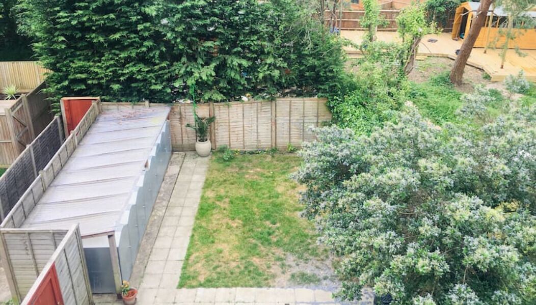A backyard with a wooden fence, a small lawn, and a potted plant.