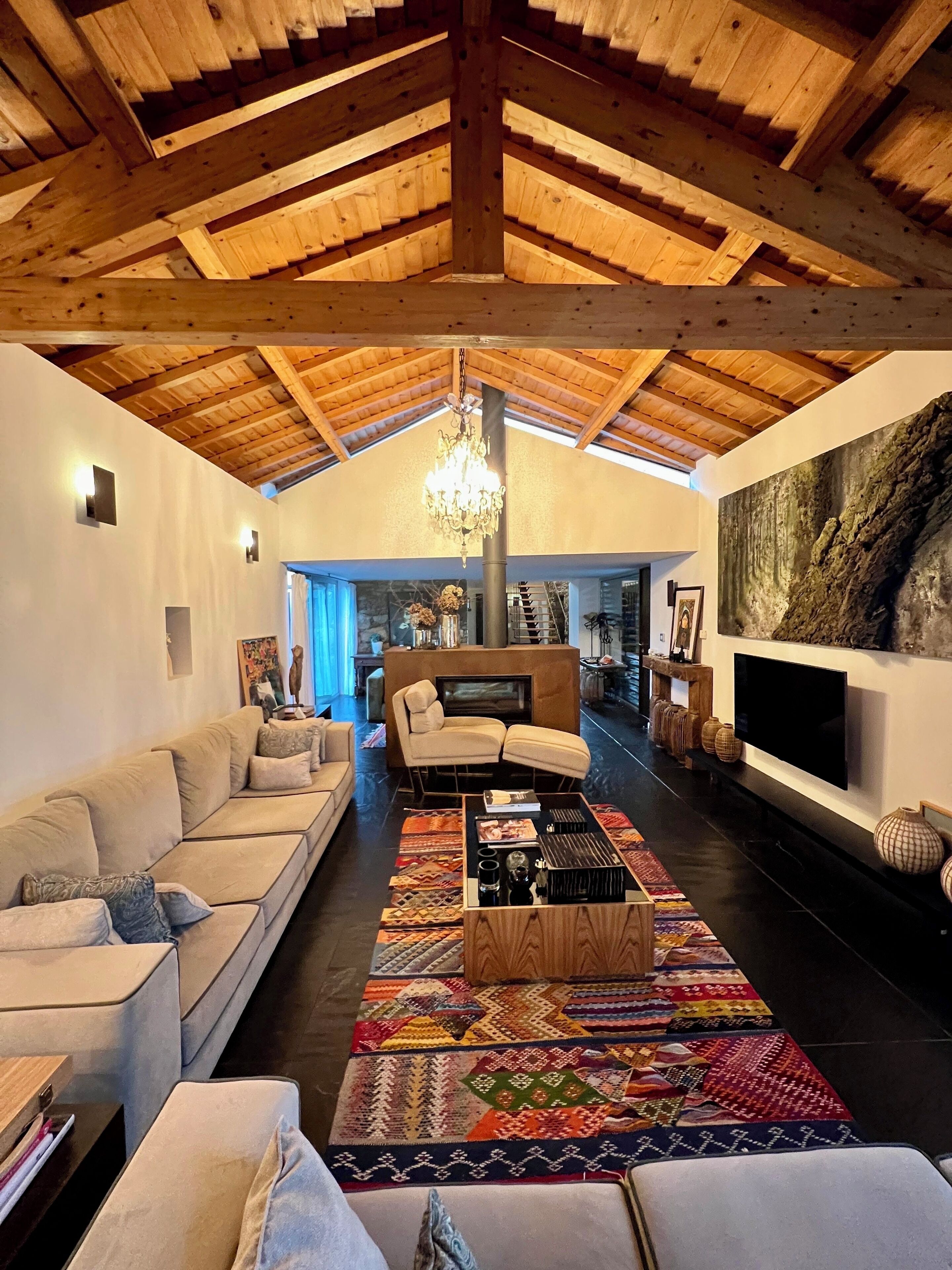 Smart TV, fireplace, books, stereo