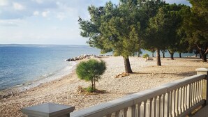 Une promenade en bord de mer, avec une plage de galets, des arbres et une vue sur la mer.