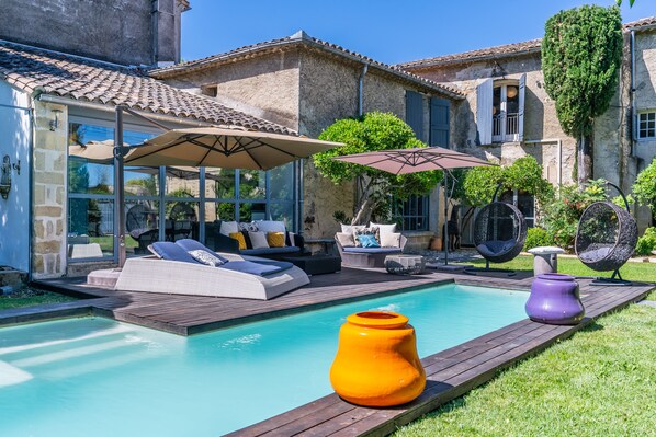 Outdoor pool, a heated pool - Mas de caractère in medieval village with swimming pool, in large wooded garden (Sommières)
