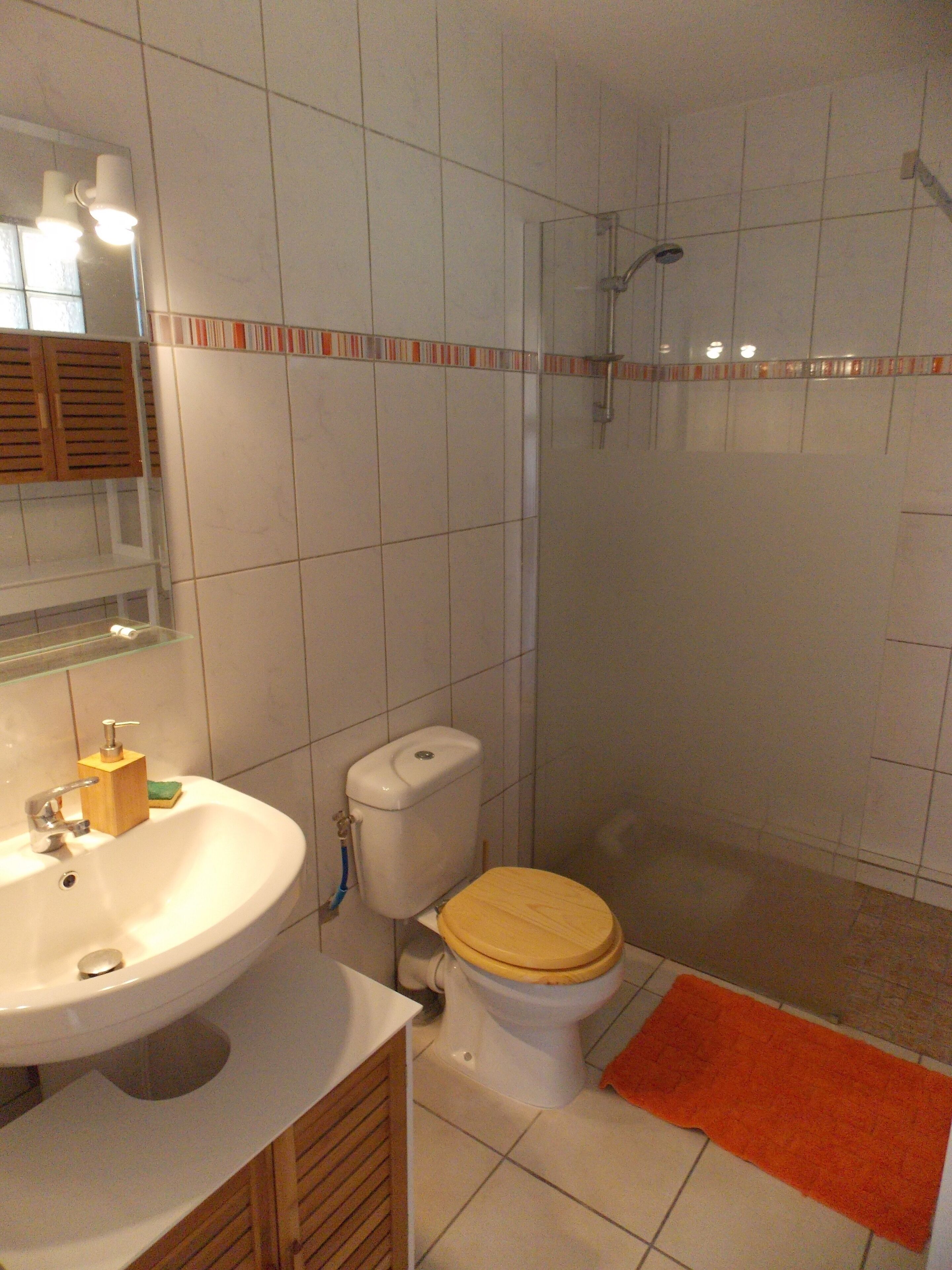 A bathroom with a sink, toilet, and shower.