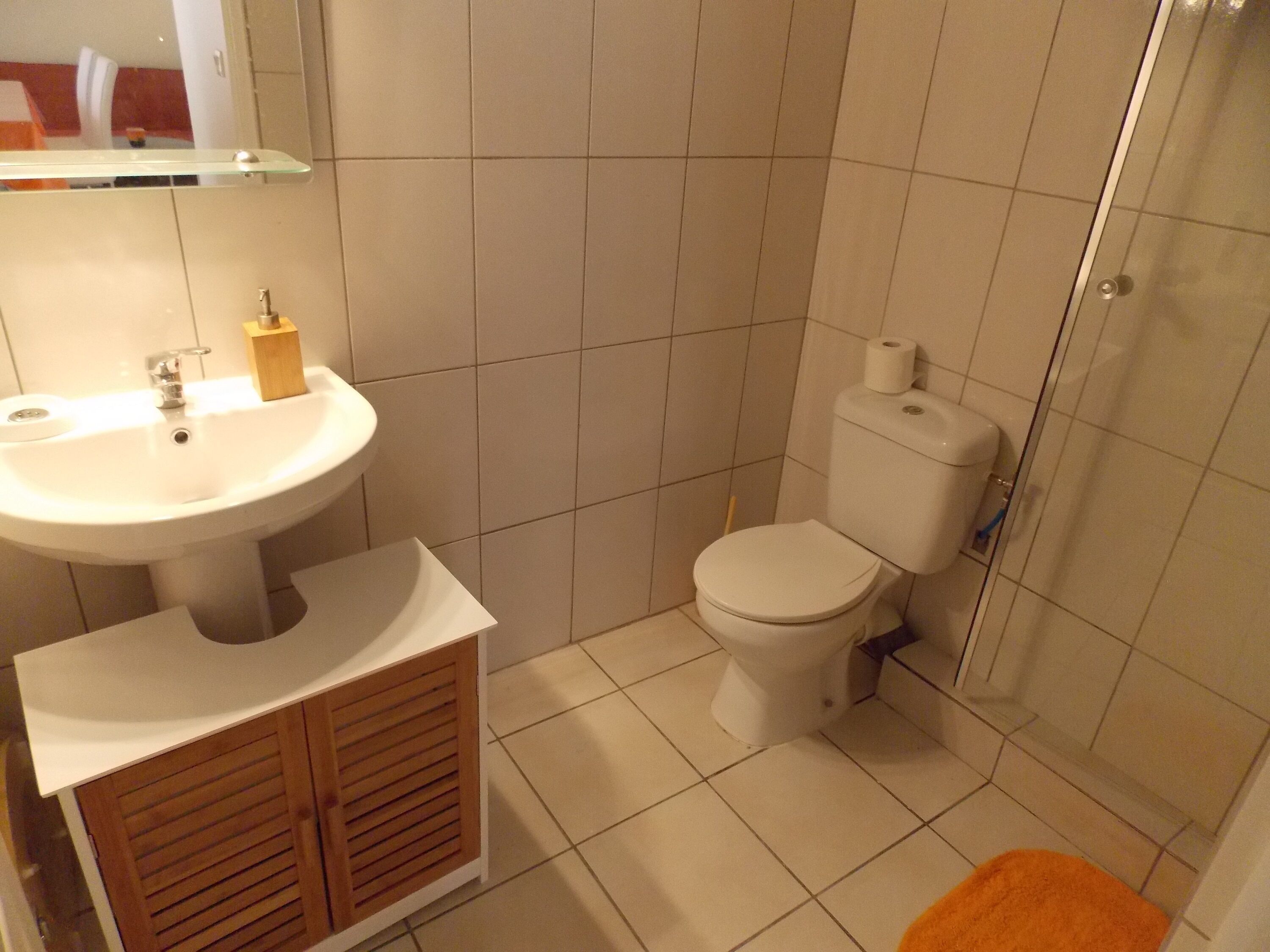 Une salle de bain comprenant un lavabo, des toilettes et un espace douche.