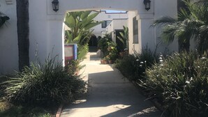 A pathway leading to a building with the number 240. There are potted plants and palm trees along the sides. - LARGE STUDIO, IN GREAT NEIGHBORHOOD,PET FRIENDLY, PLENTY OF PARKING (Long Beach)