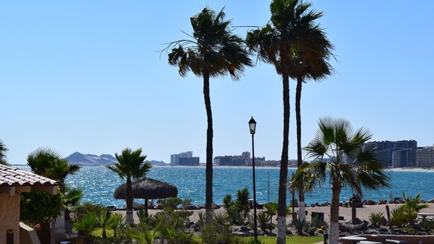 A coastal resort with palm trees, a beach, and a view of the ocean.