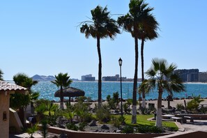 A coastal resort with palm trees, a beach, and a view of the ocean.