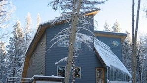 A two-story house with a sloped roof, surrounded by snow-covered trees. - Ski in Ski Out From 10,000' Where Living in the Mountains is all it Should be (Angel Fire)