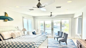 A bedroom with a bed, a chair, a dresser, and a view of the outside.