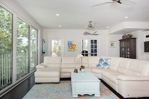 Big floor to ceiling windows give a great view of the dolphin and boats going by